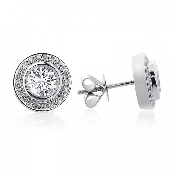 1.25 Carat Diamond Bezel Set Halo Gold Earrings - Picture 2 of 4